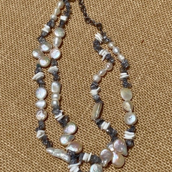 Necklace Pearl Freshwater Authentic double stranded and grey stone necklace. SS - Picture 3 of 10